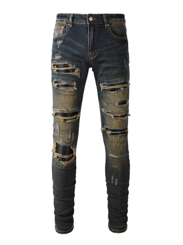 Washed Dark Blue Ripped Black Patch Jeans