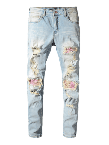 Denim Ripped Pink Patch Jeans