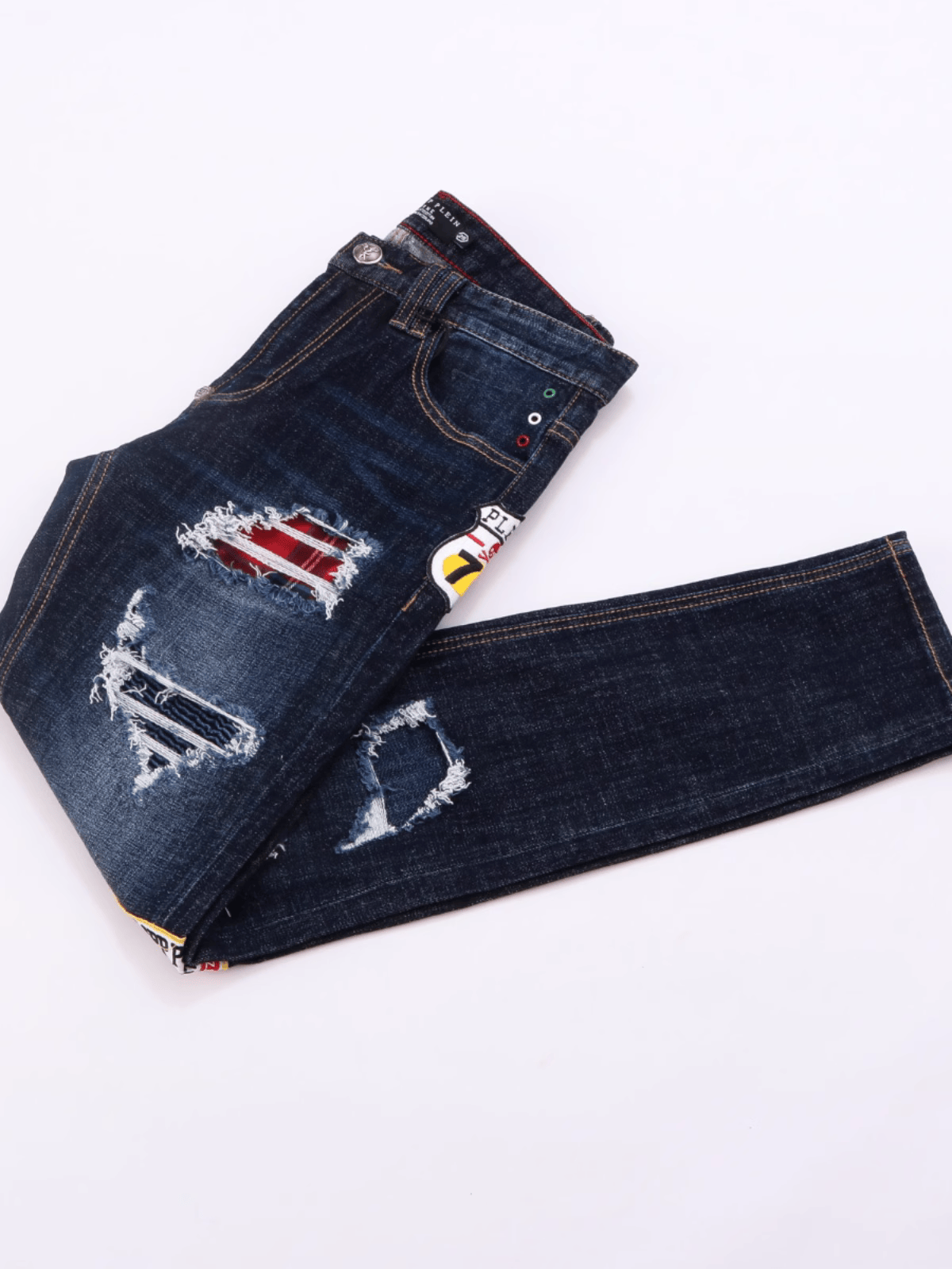 Dark Blue Badge Ripped Jeans