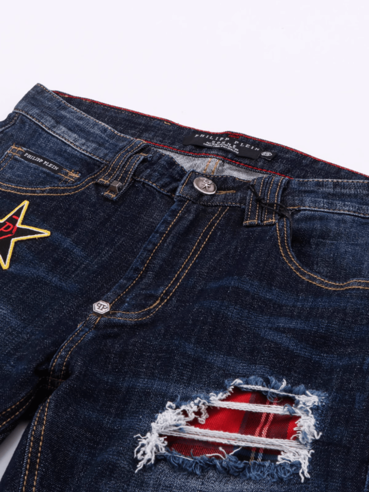 Dark Blue Badge Ripped Jeans