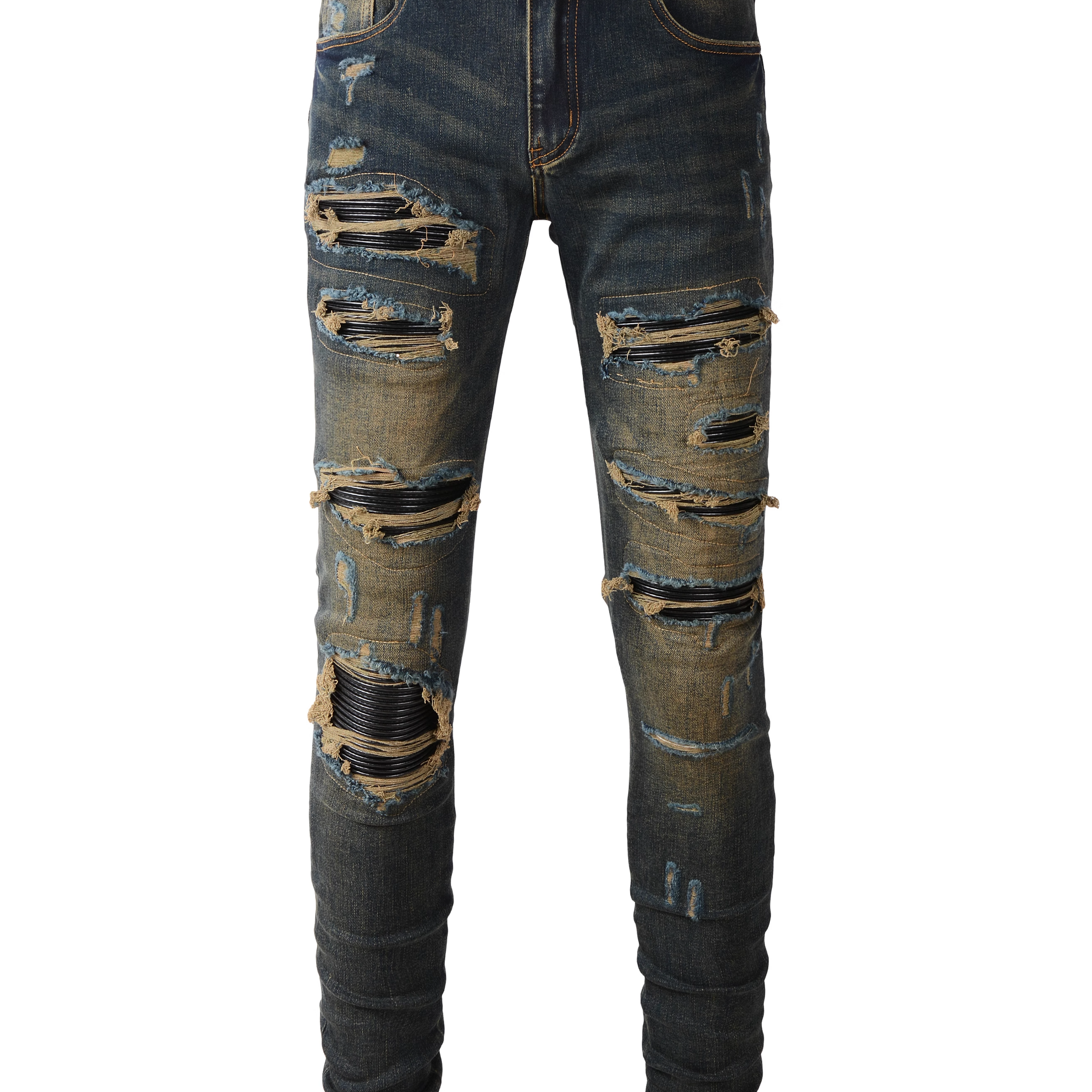 Washed Dark Blue Ripped Black Patch Jeans