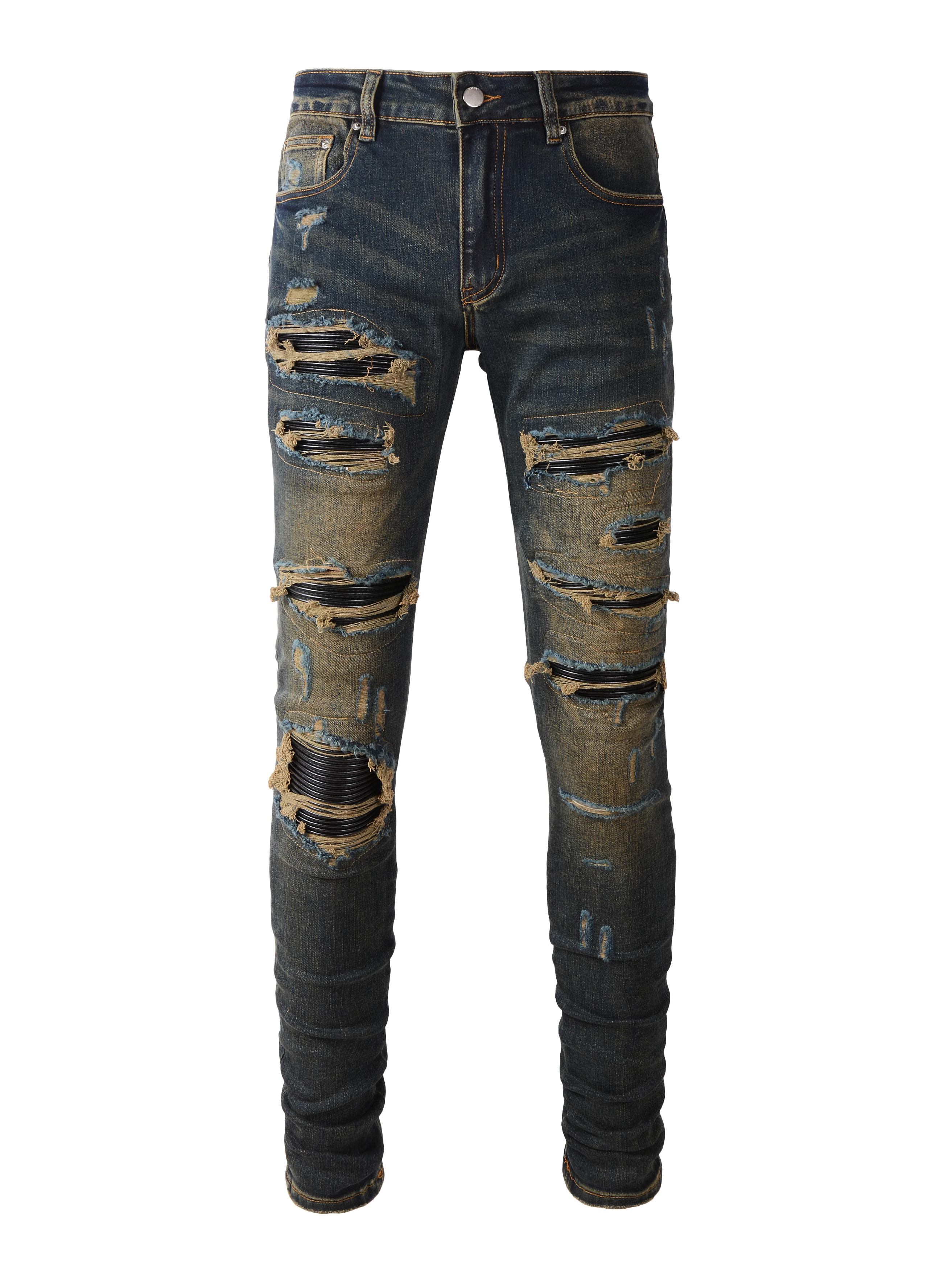 Washed Dark Blue Ripped Black Patch Jeans