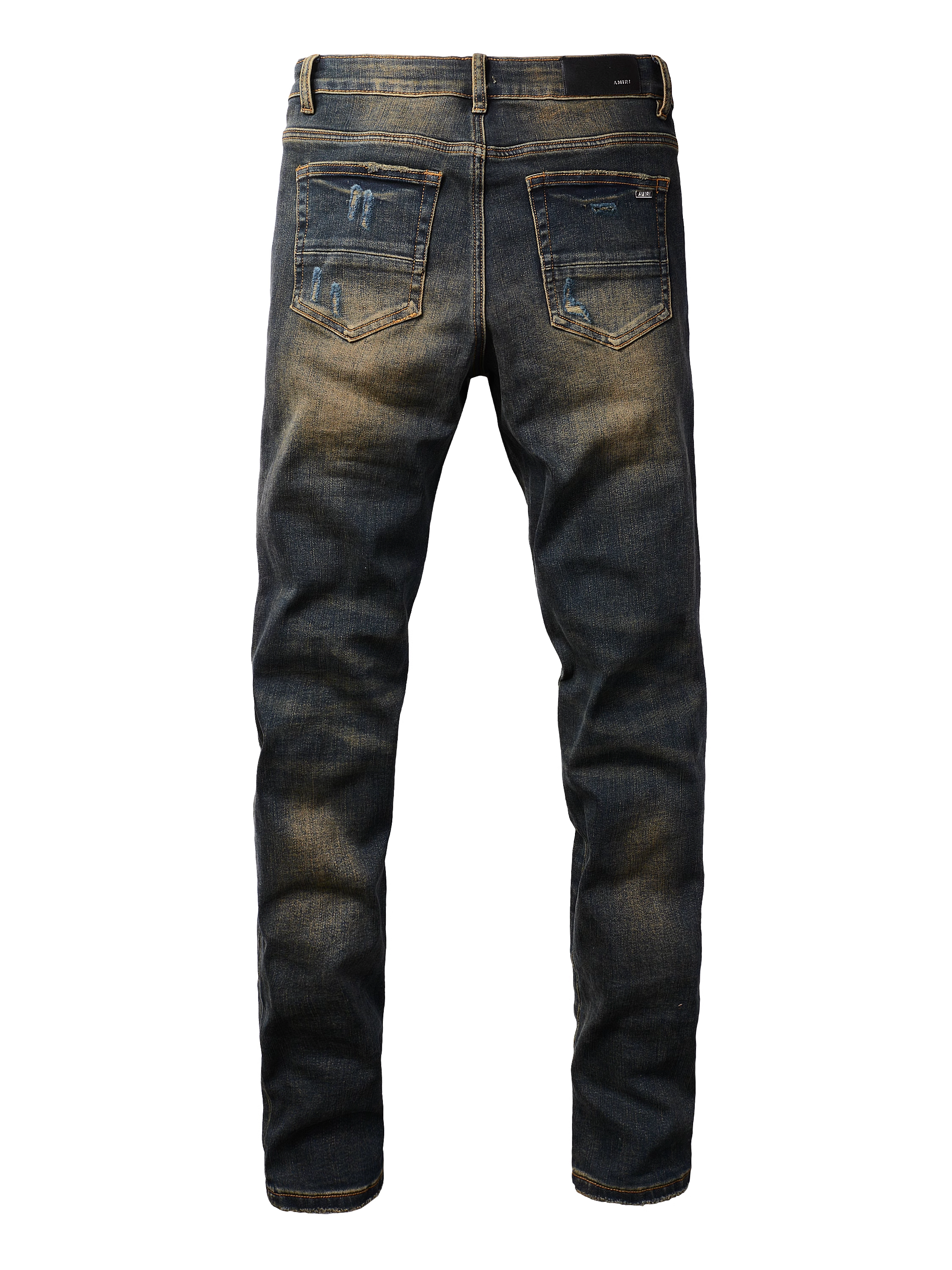 Washed Dark Blue Ripped Black Patch Jeans