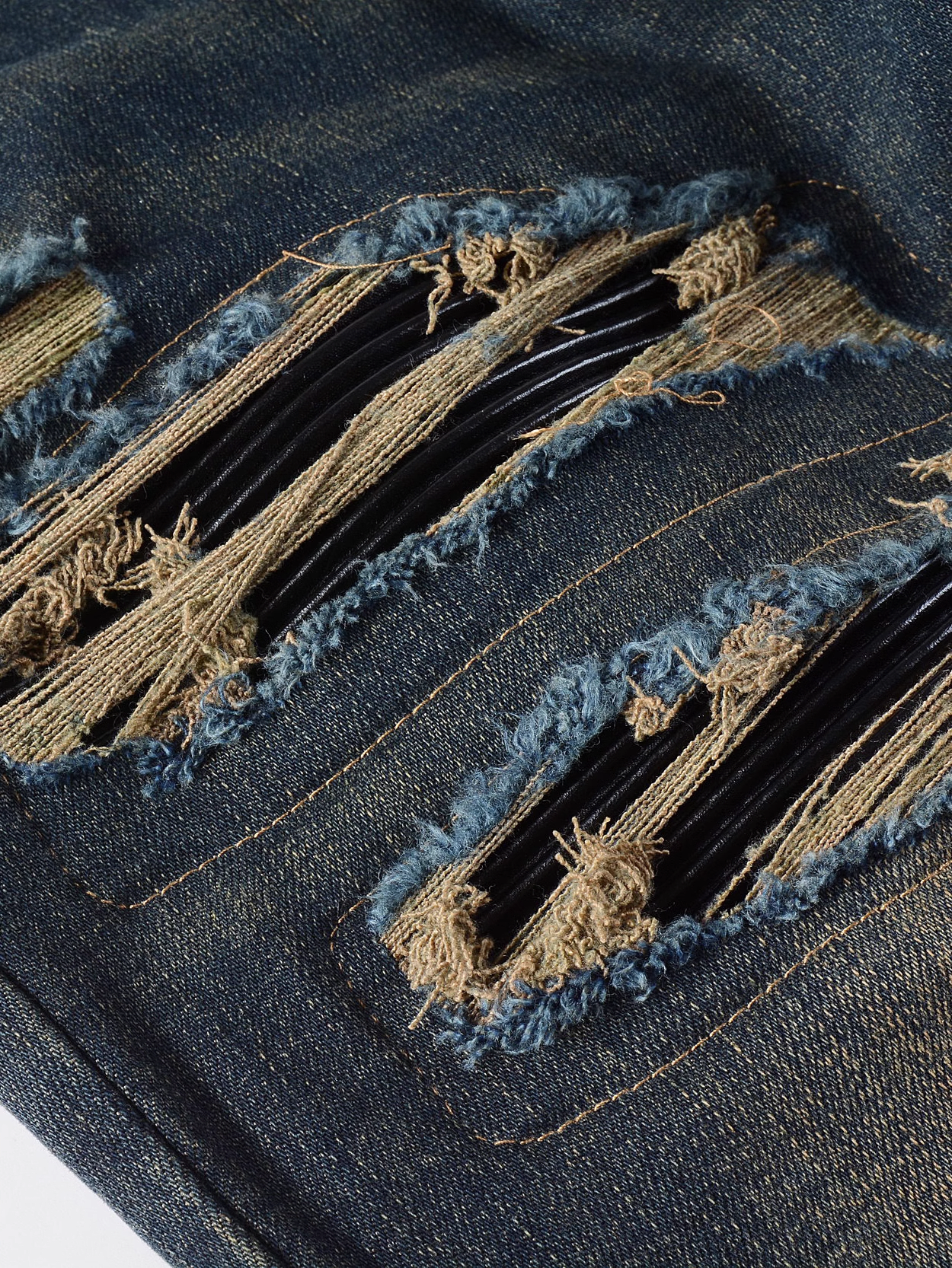 Washed Dark Blue Ripped Black Patch Jeans