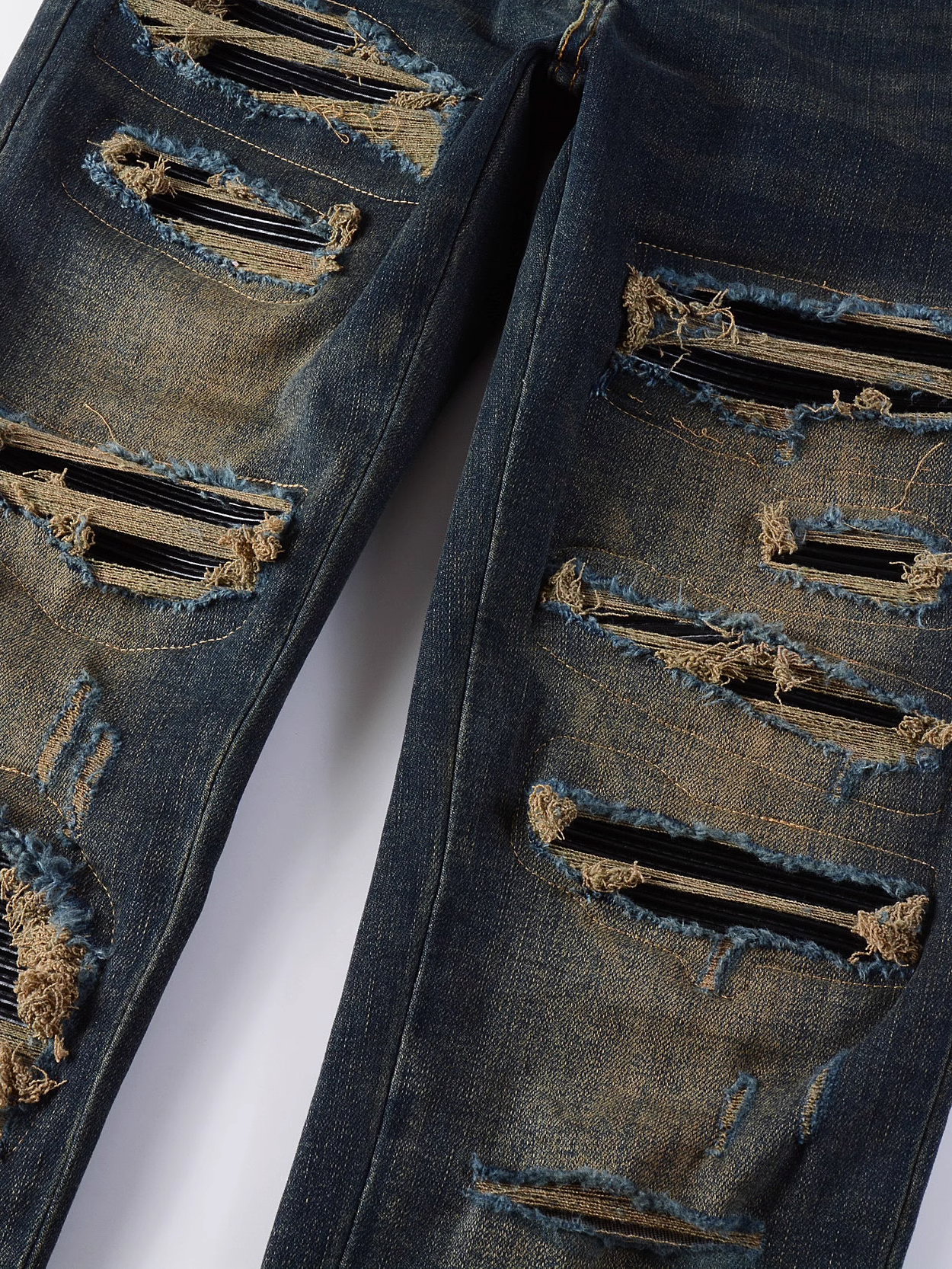 Washed Dark Blue Ripped Black Patch Jeans
